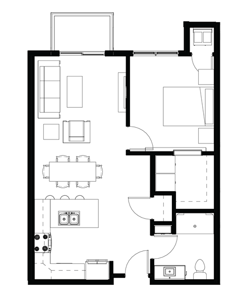 Floor plan for 1 bed, 1 bath, 731 sqft